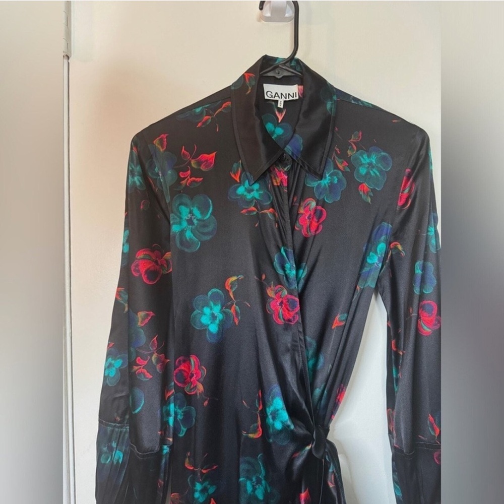 GANNI Black Silk Blend Red Blue Floral Long Puff Sleeves Wrap Mini Dress Size 42 - Picture 4 of 16